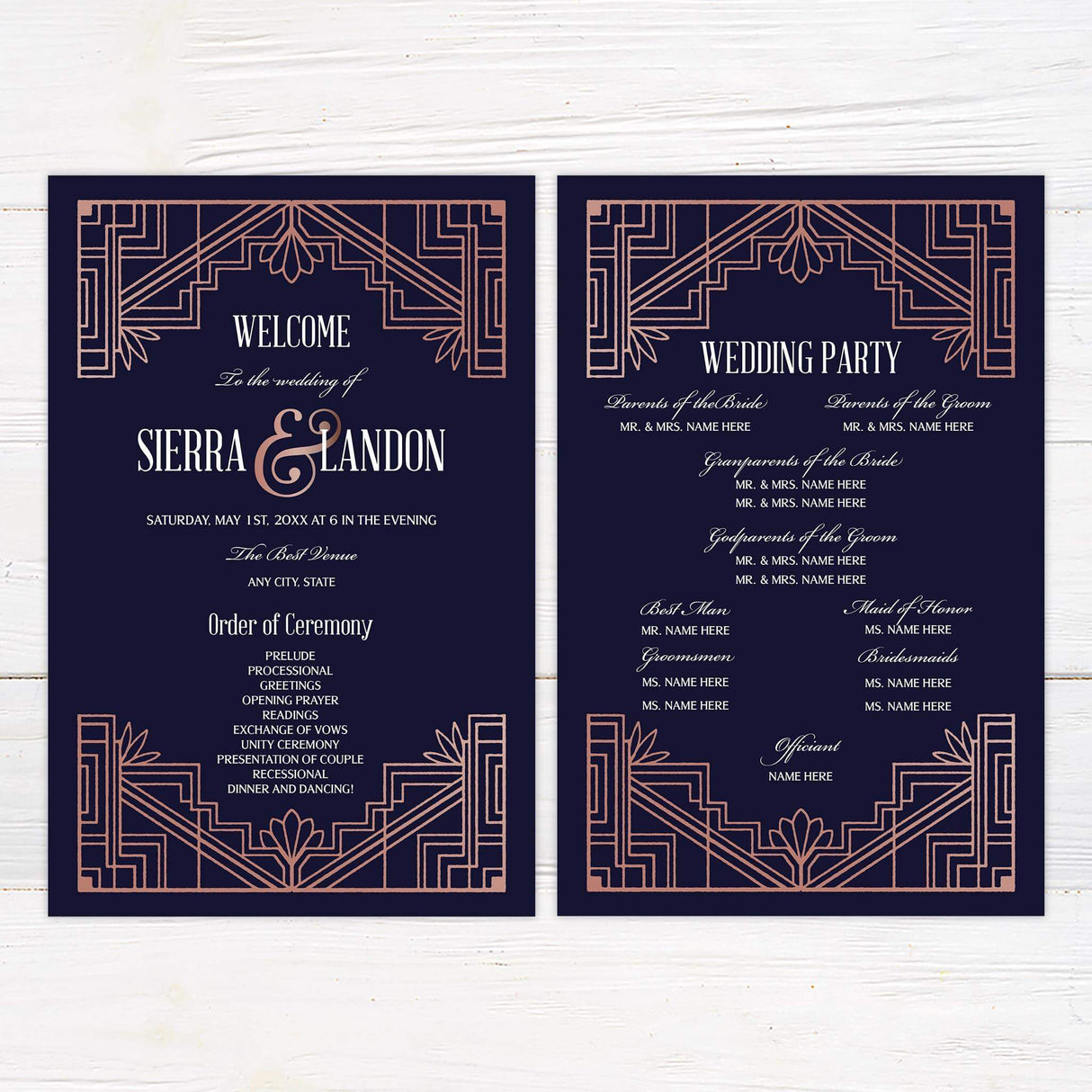Art Deco wedding program in navy and blush rose gold with elegant deco borders and classic fonts.