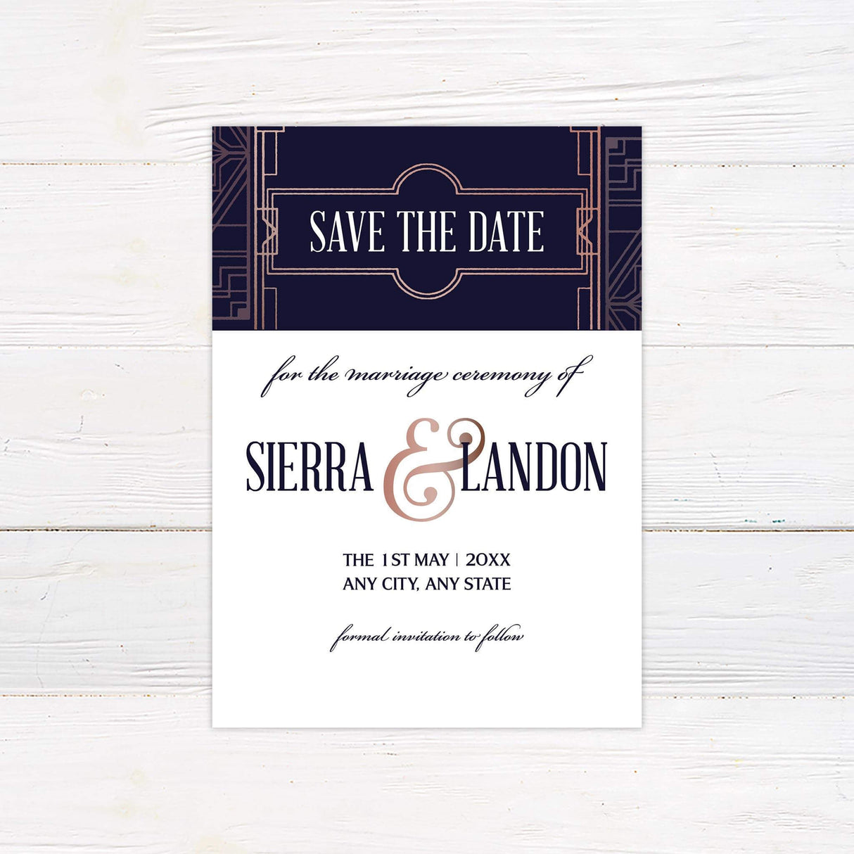 Art Deco save the date in navy and rose gold with tulip accents and elegant geometric style.