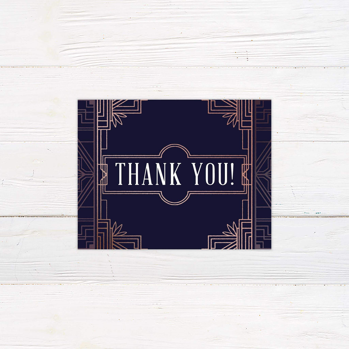 Retro thank you card with Art Deco elements in navy blue and rose gold, coordinating with the tulip suite.
