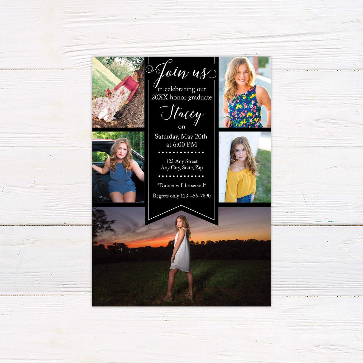 Elegant graduation invitation featuring a ribbon-style banner in the center with event details. The design includes a collage of five photos surrounding the text area, creating a personalized and stylish look. The color scheme can be customized to match the graduate's school colors. Ideal for high school or college graduation celebrations. Black.