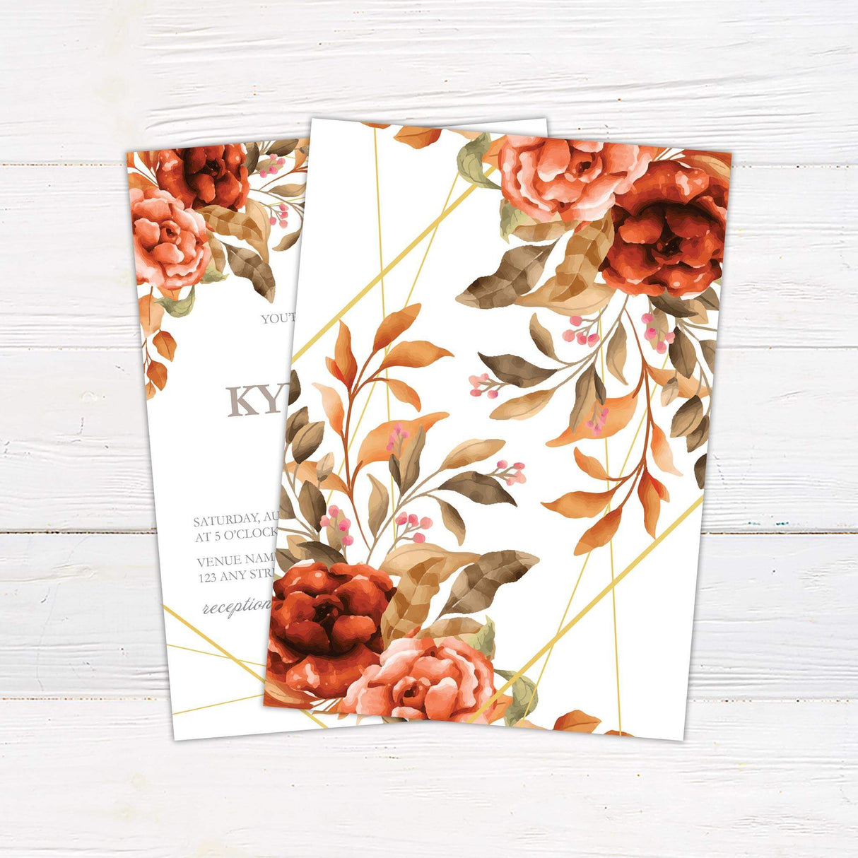 Rich autumn floral wedding invitation with watercolor burnt orange and blush roses, taupe serif fonts, gold line accents, and fall-inspired design. - back side
