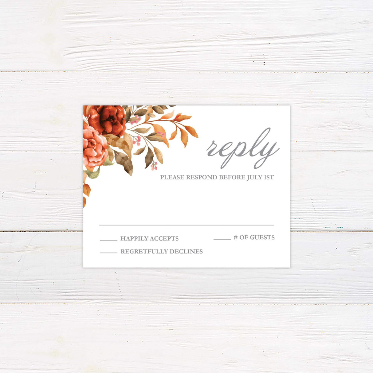 Coordinating RSVP card with burnt orange florals and matching taupe serif and script fonts for a cohesive autumn wedding suite.