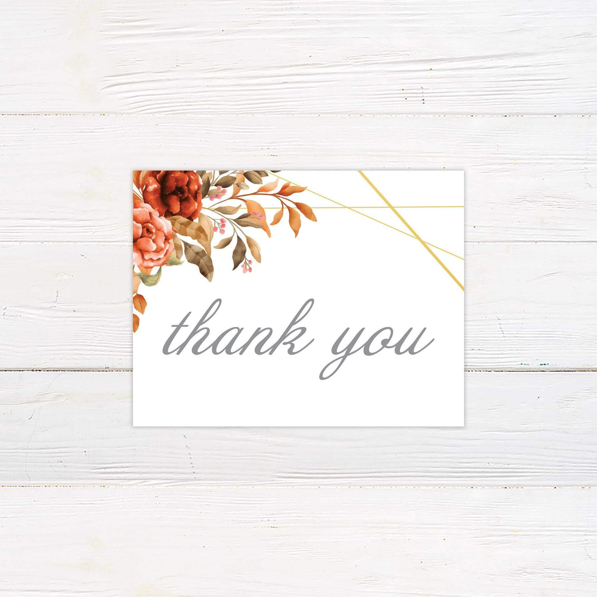 Autumn floral thank you card with watercolor roses and warm script fonts, perfect for cozy fall wedding gratitude notes.