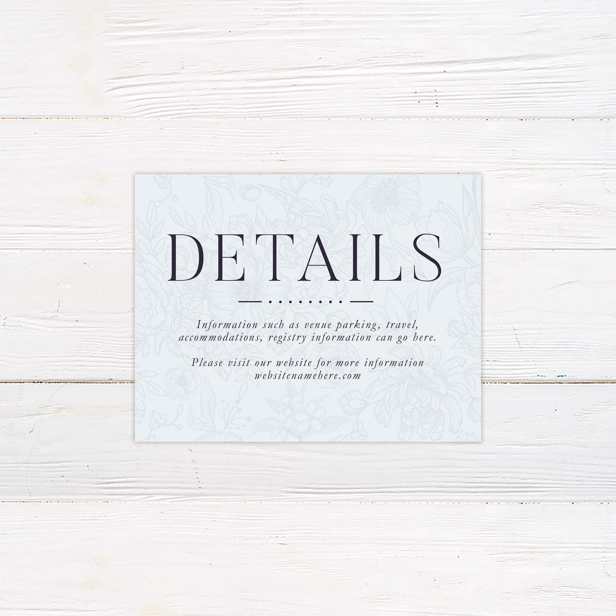 Printed detail card with light blue floral background and clean serif font layout, perfect for sharing wedding itinerary and accommodations.