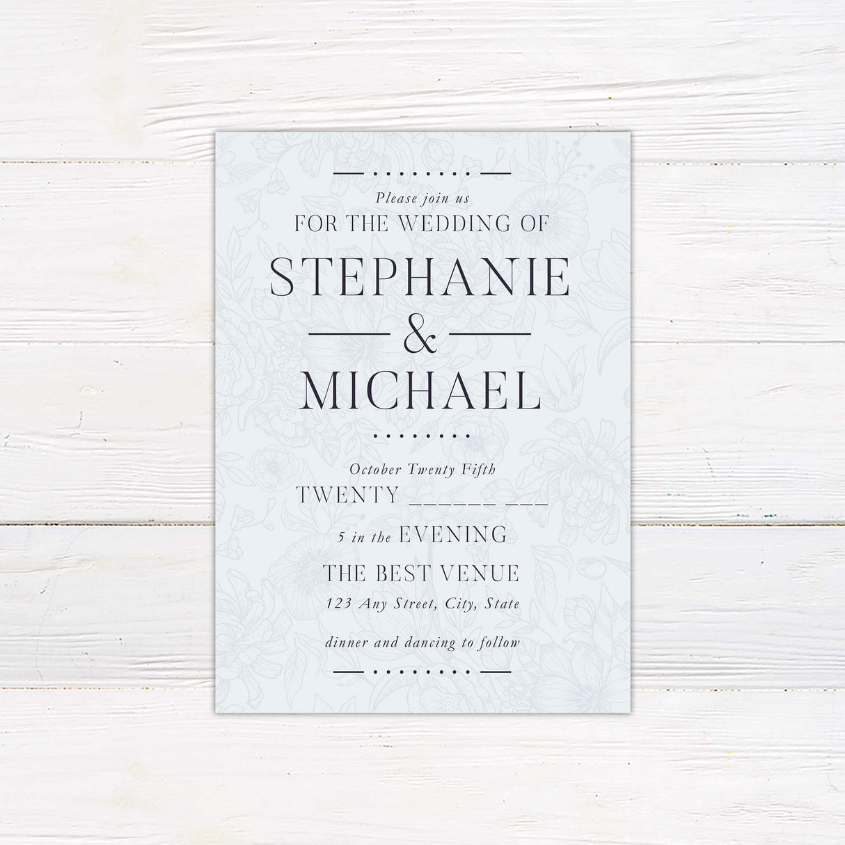 Elegant light blue wedding invitation with soft floral line art background and black serif and script fonts in a timeless rococo-inspired layout.