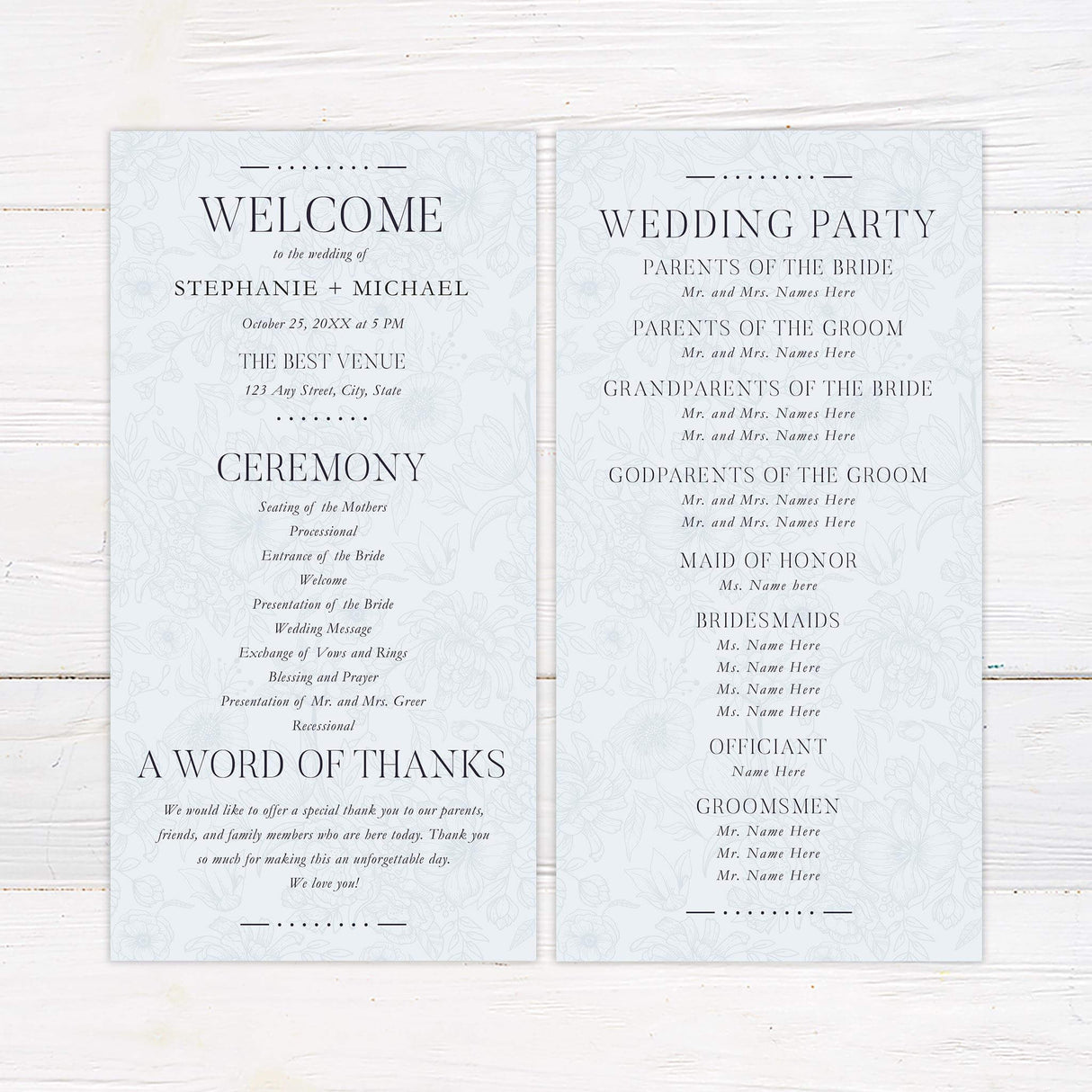 Rococo Blue ceremony program with delicate floral outlines and timeless black serif text, ideal for elegant or traditional wedding events.