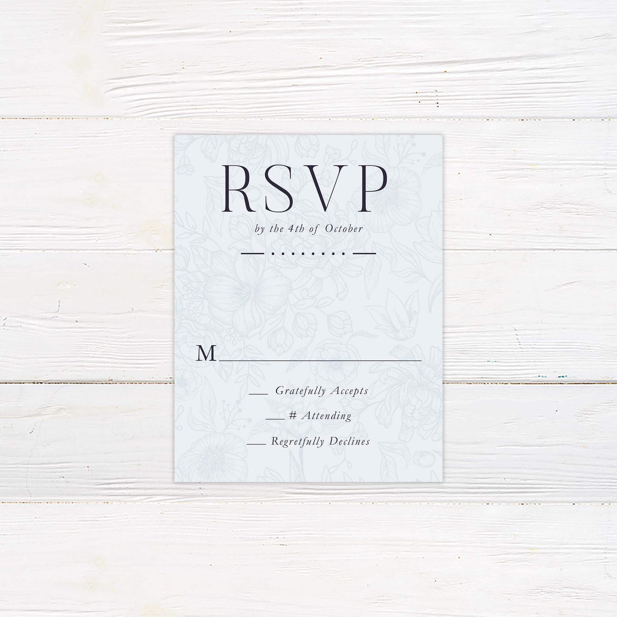 Matching RSVP card in soft blue with elegant serif fonts and floral line art background to coordinate with the Rococo Blue suite.