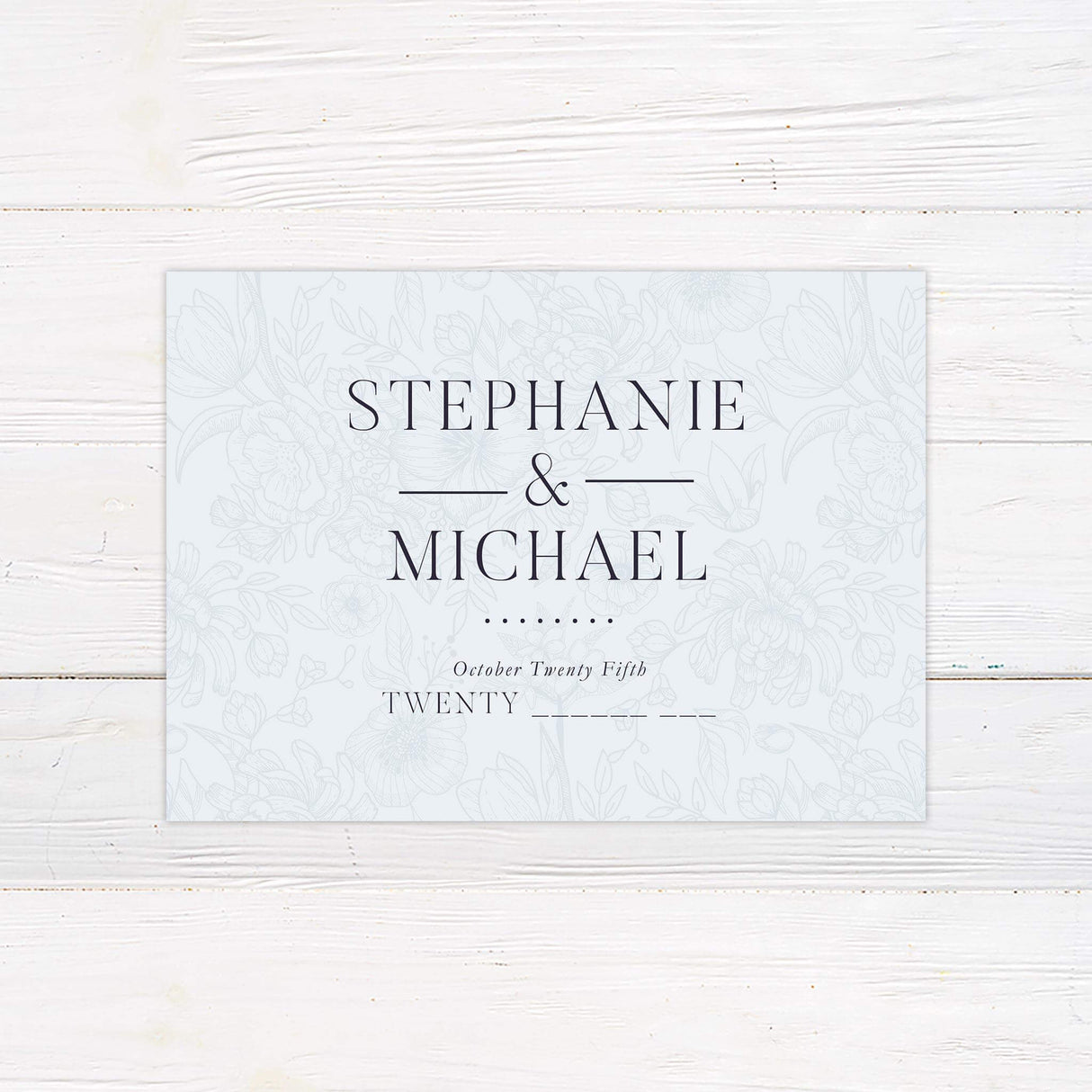 Save the Date card in coordinating Rococo Blue design with delicate florals and timeless serif fonts to announce your big day in style.