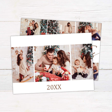 Rose Gold Christmas card with elegant script, multiple family photos, and personalized holiday greeting on white background. - back.