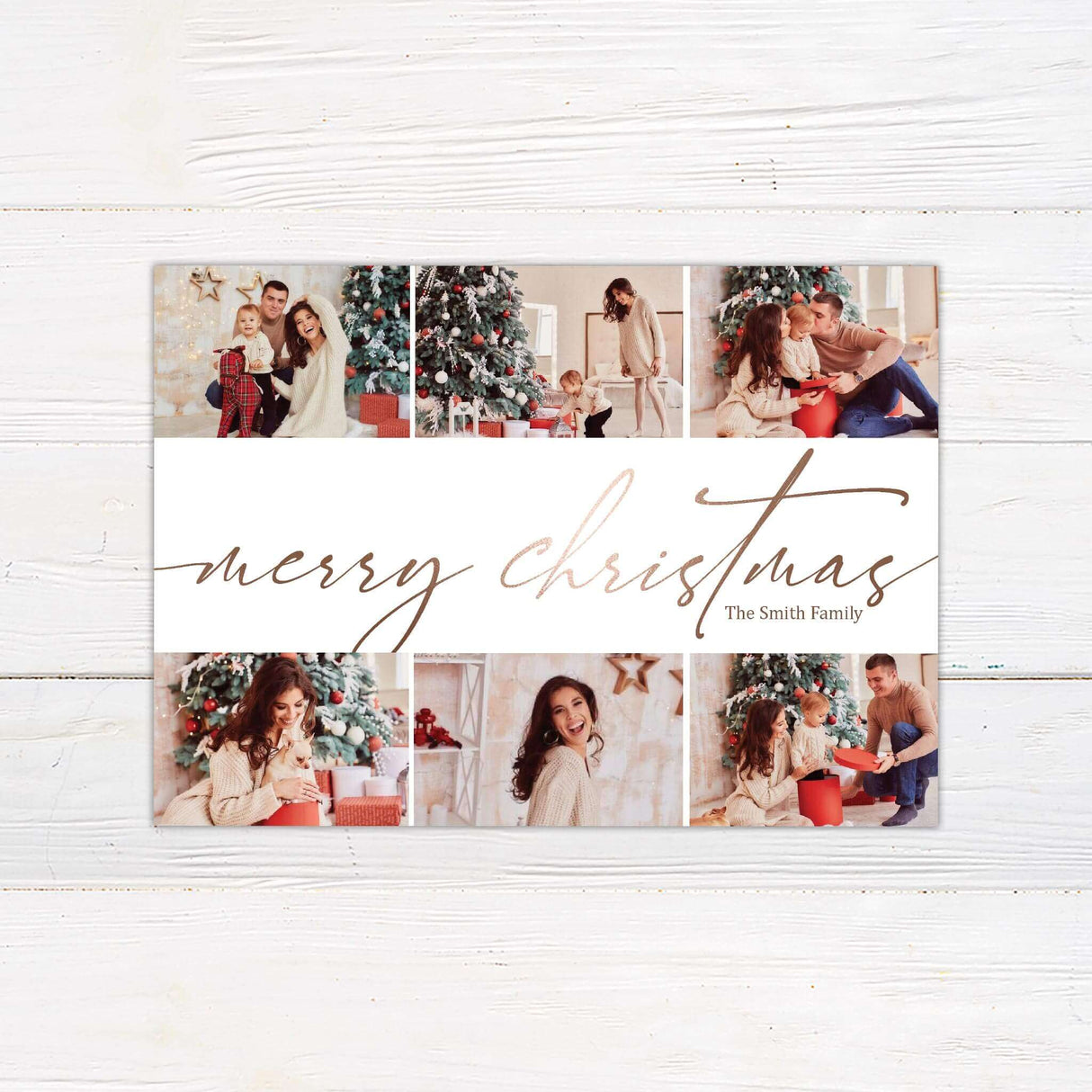 Rose Gold Christmas card with elegant script, multiple family photos, and personalized holiday greeting on white background.