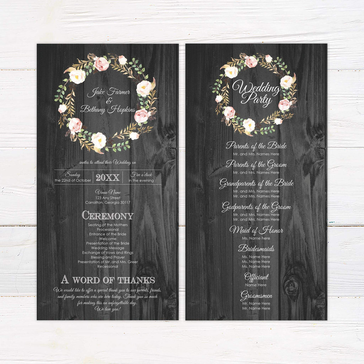 Coordinating wedding program with rose wreath detail and rustic wood grain background for a charming country celebration.