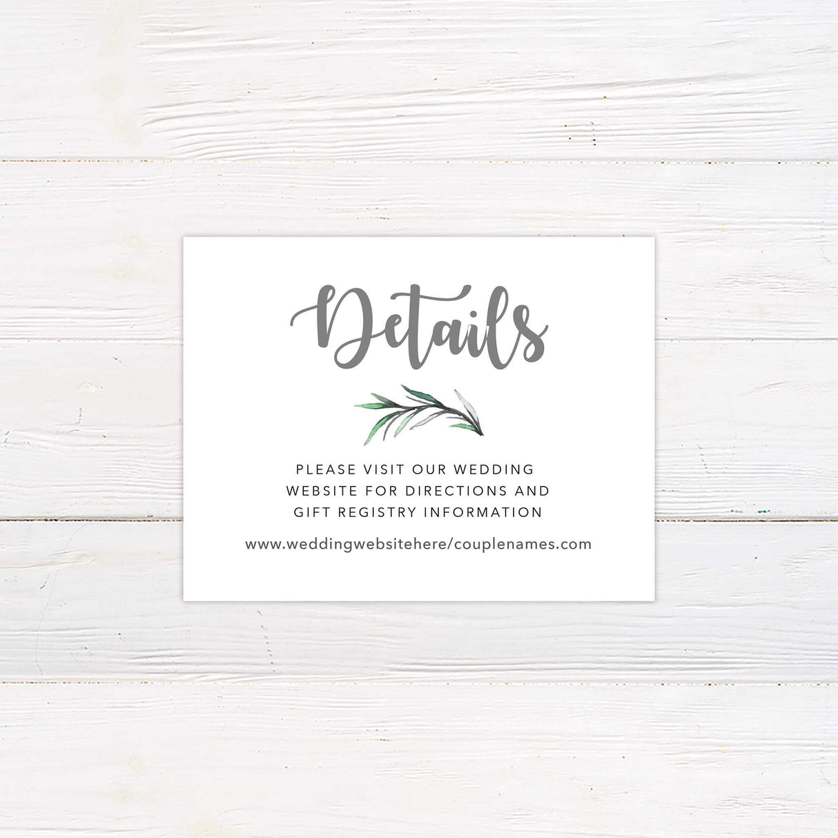 Detail card with clean serif font and rosemary accents, perfect for sharing directions, accommodations, or schedule info.