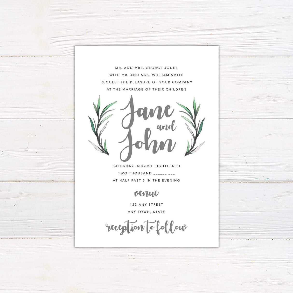 Minimalist wedding invitation with watercolor rosemary leaves, modern script and serif fonts, and a clean white background for a nature-themed wedding.