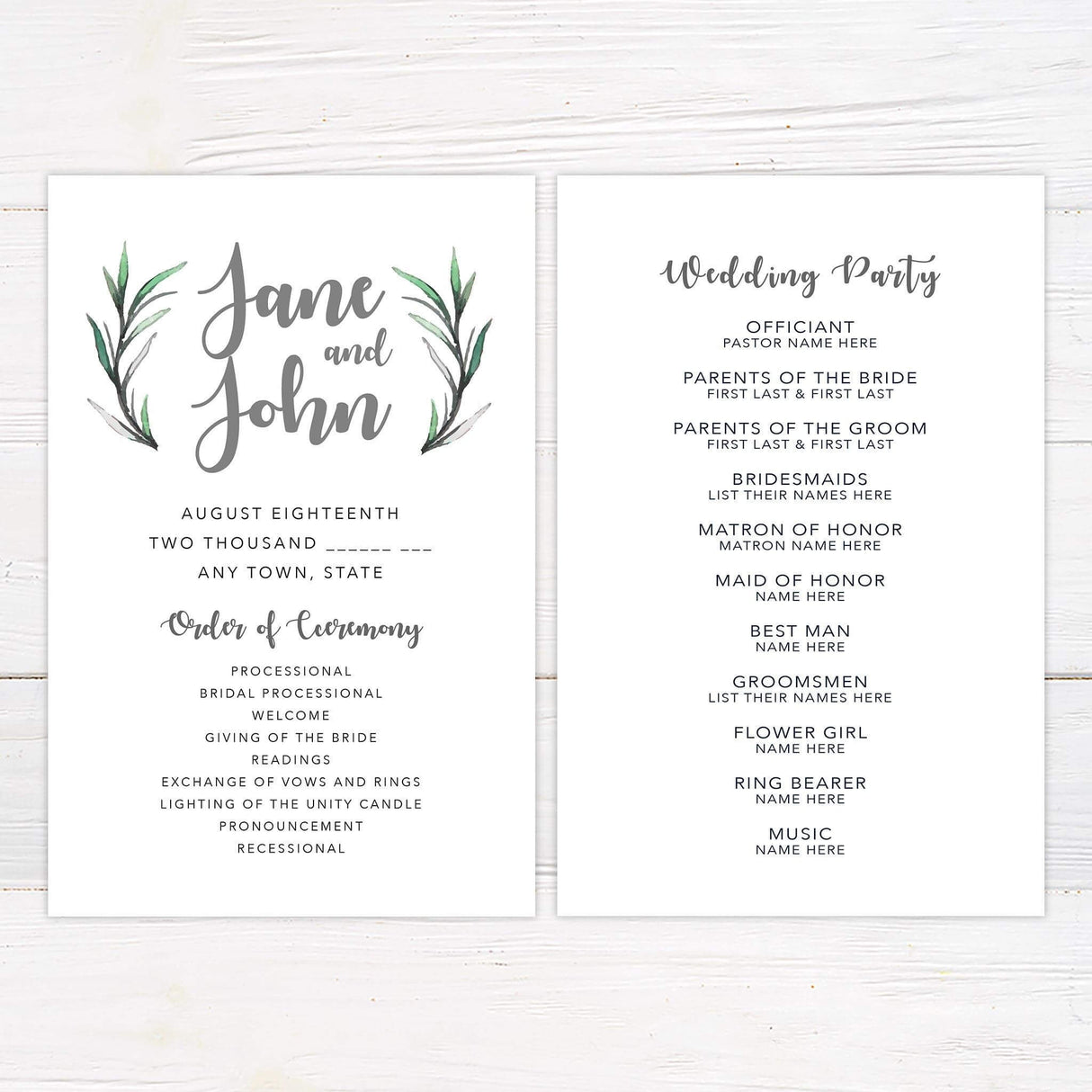 Wedding program featuring matching watercolor rosemary sprigs and clean script text for an elegant ceremony touch.s