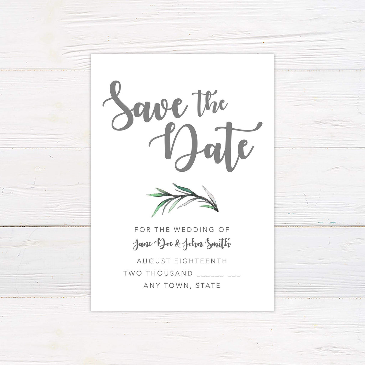 Save the Date card with elegant rosemary leaves and soft typography for a simple, natural wedding announcement.
