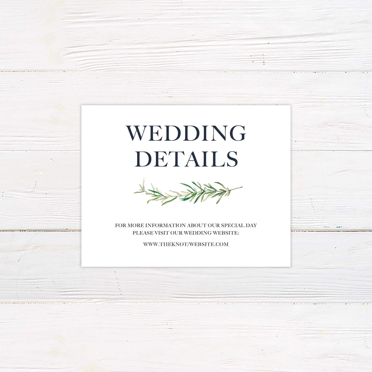 Detail card featuring minimalist design with rosemary sprigs and classic type, perfect for sharing extra wedding information.