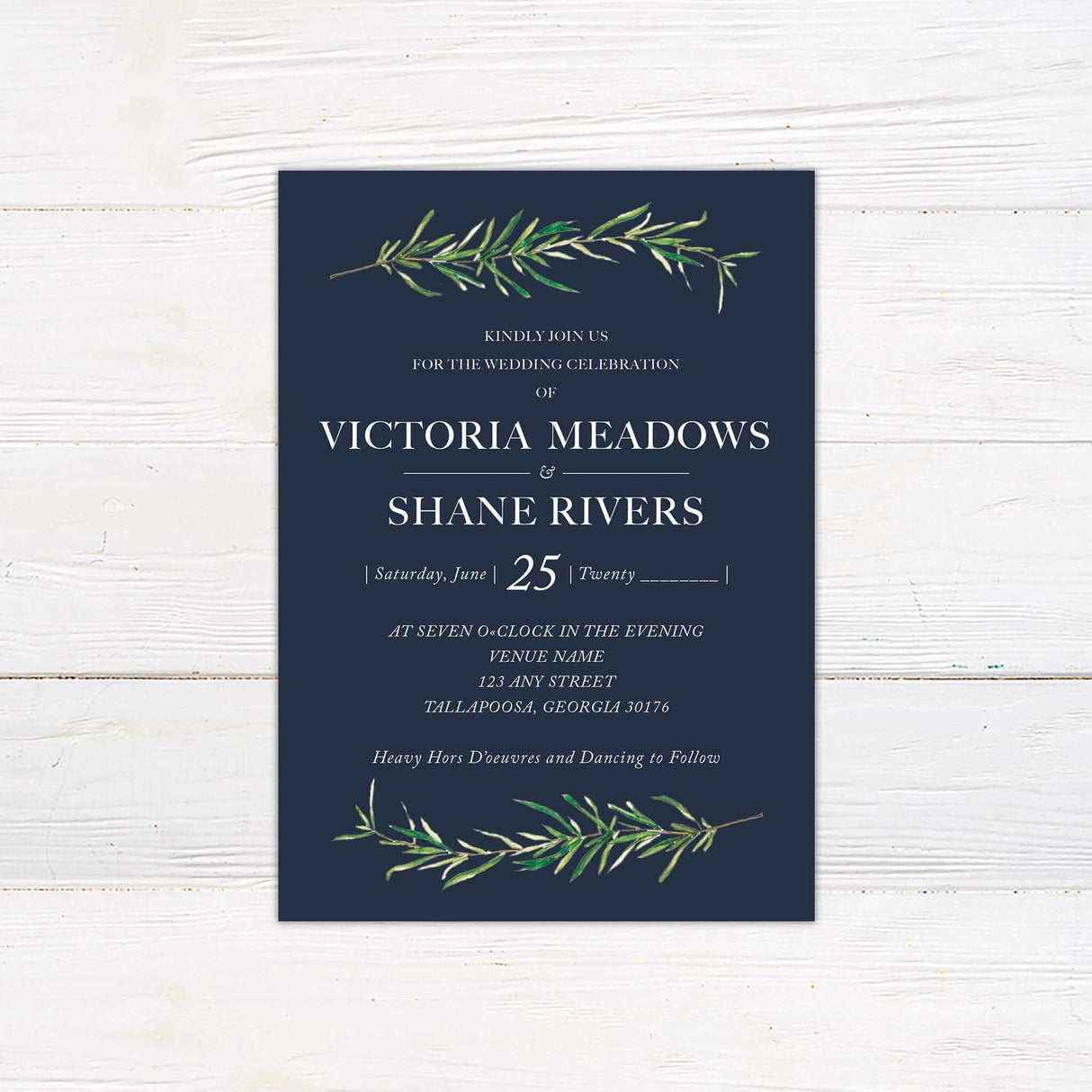 Elegant rosemary sprig wedding invitation with dark charcoal background, serif and italic fonts, and watercolor botanical accents for a rustic wedding theme.s