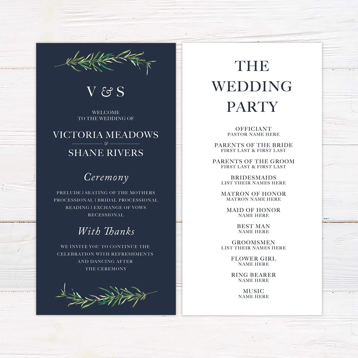 Wedding program with rosemary motif and dark background, designed to match rustic and botanical wedding themes.