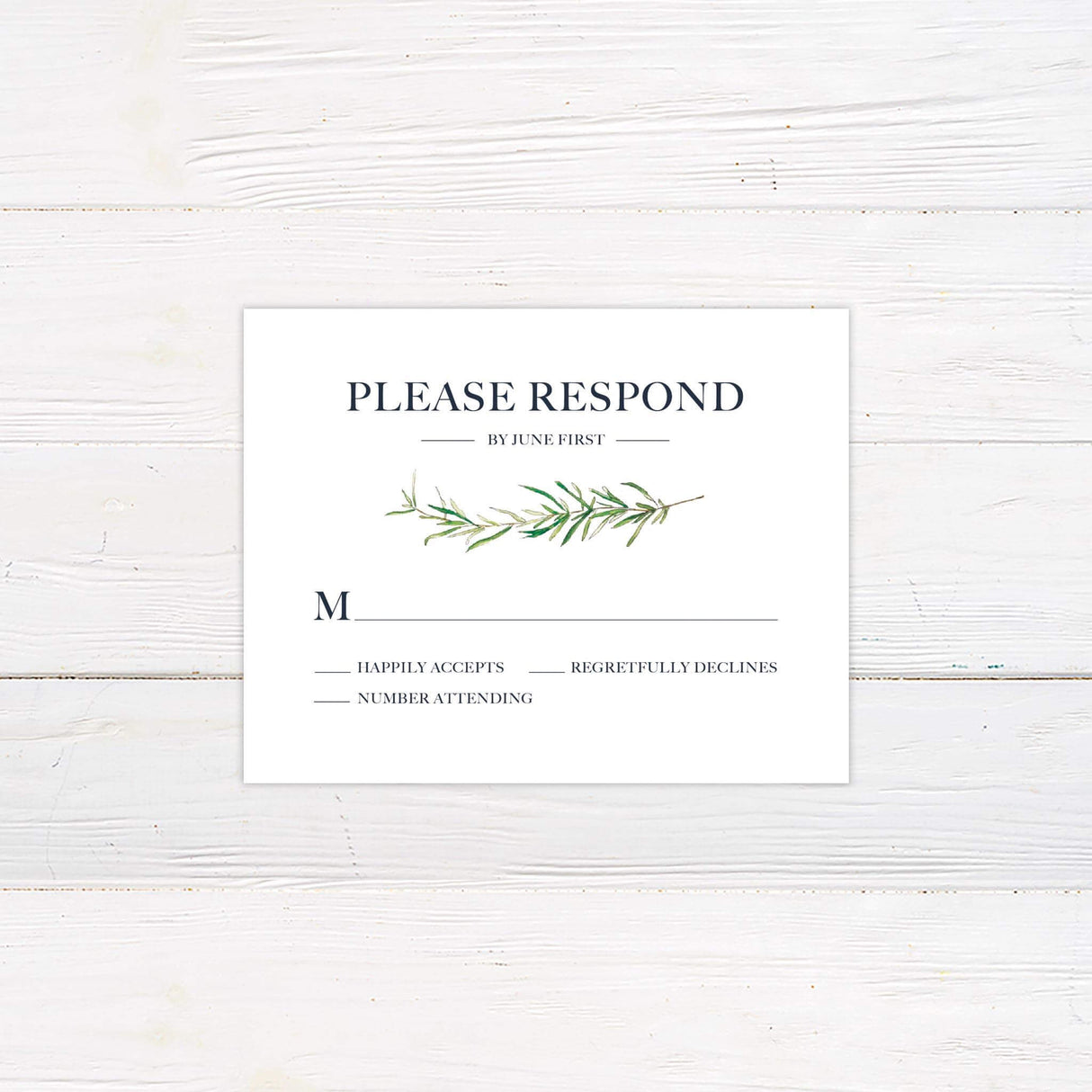 RSVP card with matching charcoal background and watercolor rosemary accents, elegant serif and script fonts for rustic wedding stationery.us