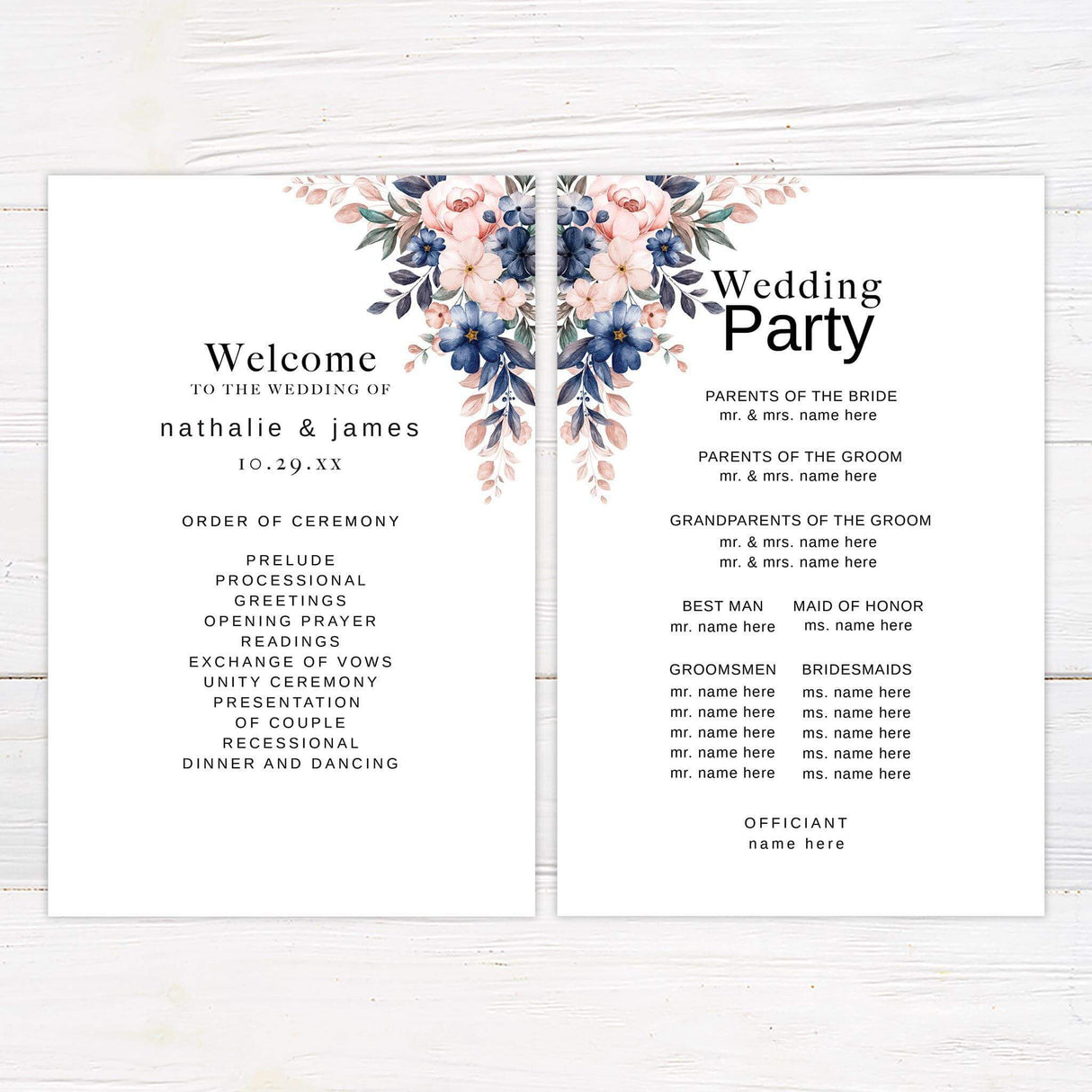 Wedding program with coordinating floral wreath and formal serif fonts for classic garden or outdoor weddings.