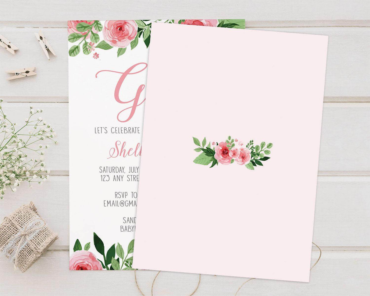Rosy Shower Baby Shower invitations with floral design, soft colors, and charming details for a delightful celebration atmosphere.
