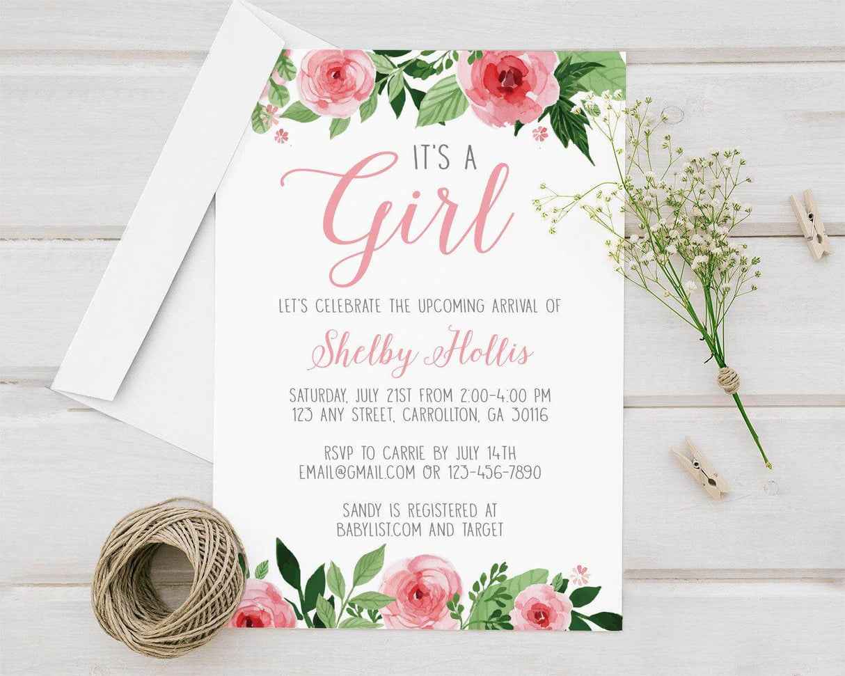 Rosy Shower Baby Shower invitation with floral design, celebrating the arrival of a baby girl. Charming rosy details and greenery.
