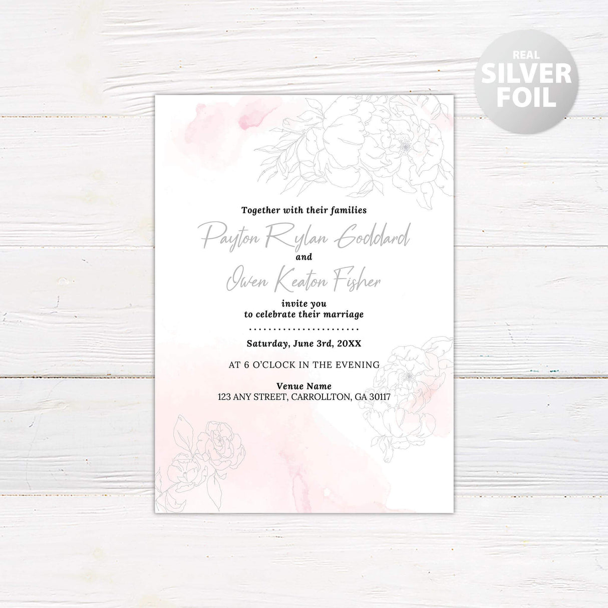 Rosy Watercolor Foil Invitation - goprintplus