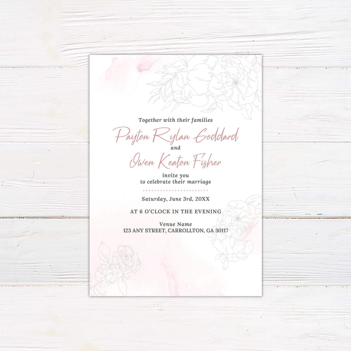 Blush and rose watercolor wedding invitation with floral sketch details and script text, printed on white cardstock for spring or summer weddings