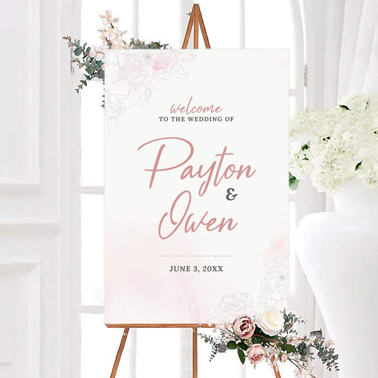 Blush pink rosy watercolor wedding welcome sign with elegant script names and delicate floral line drawings on a white background. The personalized design includes the couple’s names and wedding date.