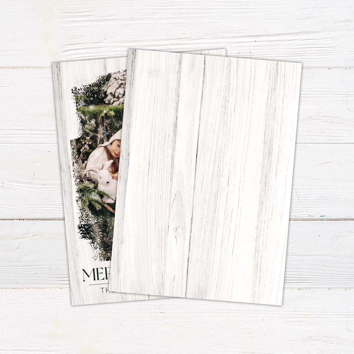 Rough Edge Christmas card with rustic wood background, distressed photo frame, personalized family picture, and Merry Christmas greeting. - back.
