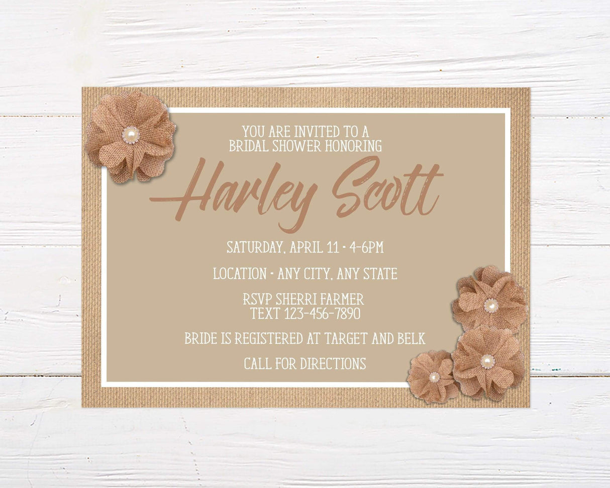 A rustic burlap bridal shower invitation with burlap flowers and neutral tan background. The design features simple text and farmhouse-style accents.