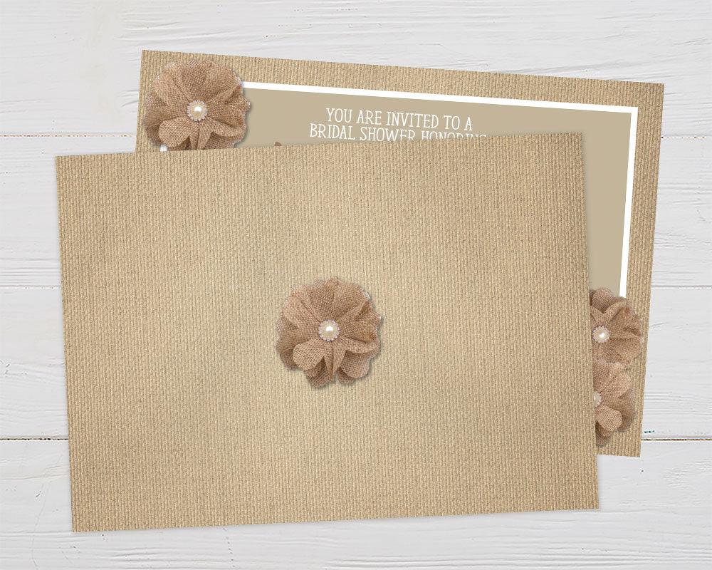A rustic burlap bridal shower invitation with burlap flowers and neutral tan background. The design features simple text and farmhouse-style accents. - back.