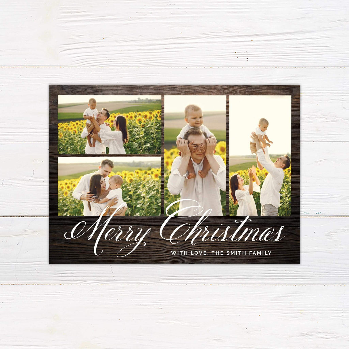 A rustic holiday card with a wooden background and multiple family photo collage design. The card features “Merry Christmas” in elegant script.
