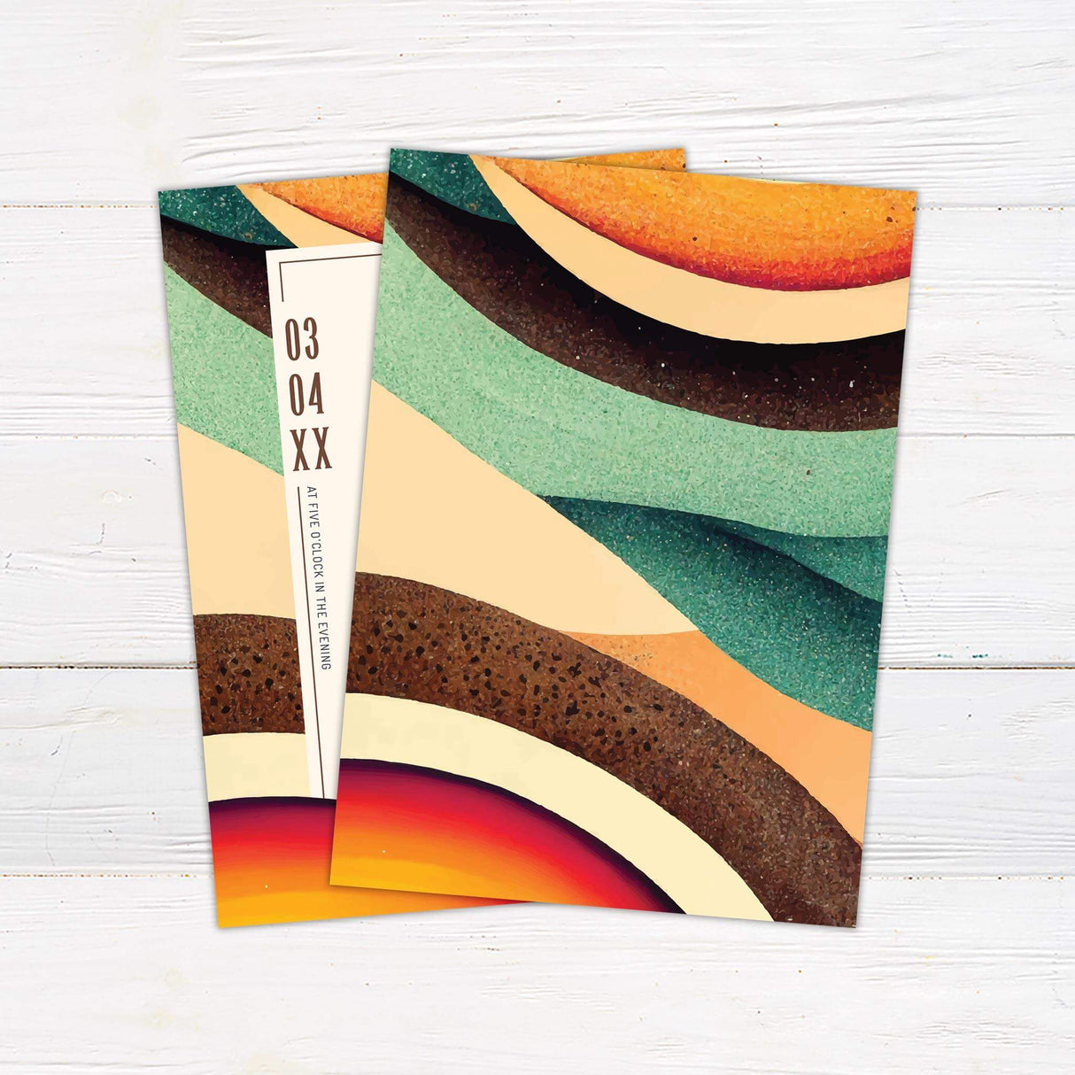 Rustic wedding invitation with painted abstract retro shapes in warm earth tones and modern vintage fonts, perfect for fall or boho weddings.- back side