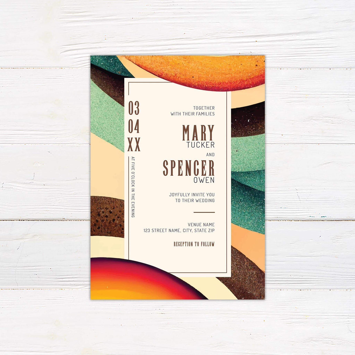 Rustic wedding invitation with painted abstract retro shapes in warm earth tones and modern vintage fonts, perfect for fall or boho weddings.