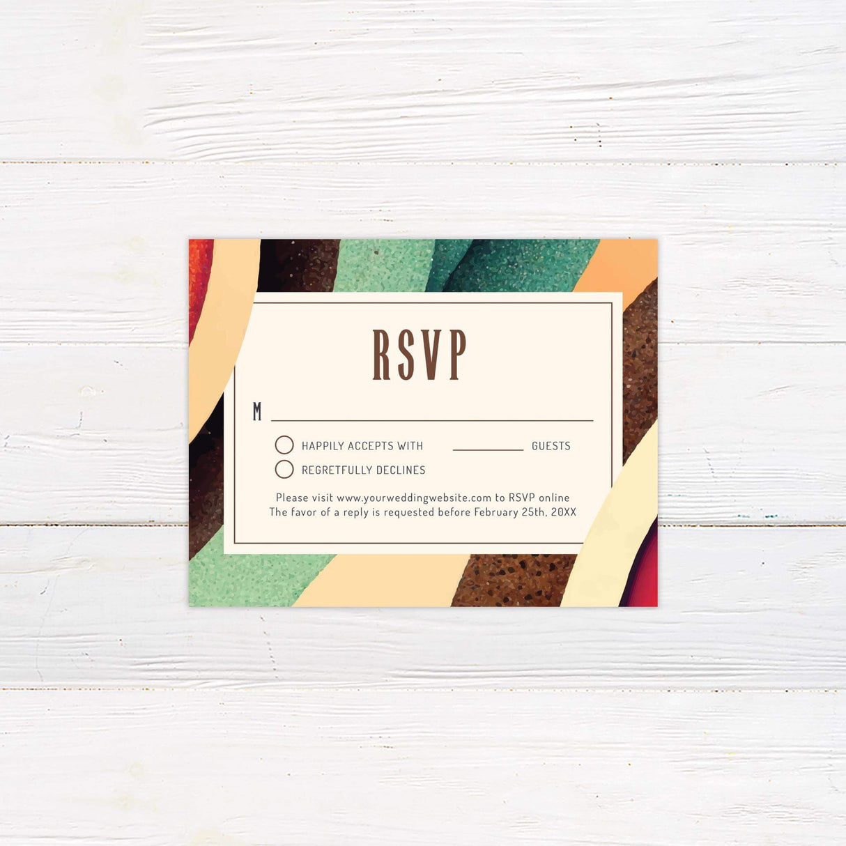 RSVP card with abstract retro artwork in burnt orange, rust, and sage green to match Rustic Decade wedding invitation.