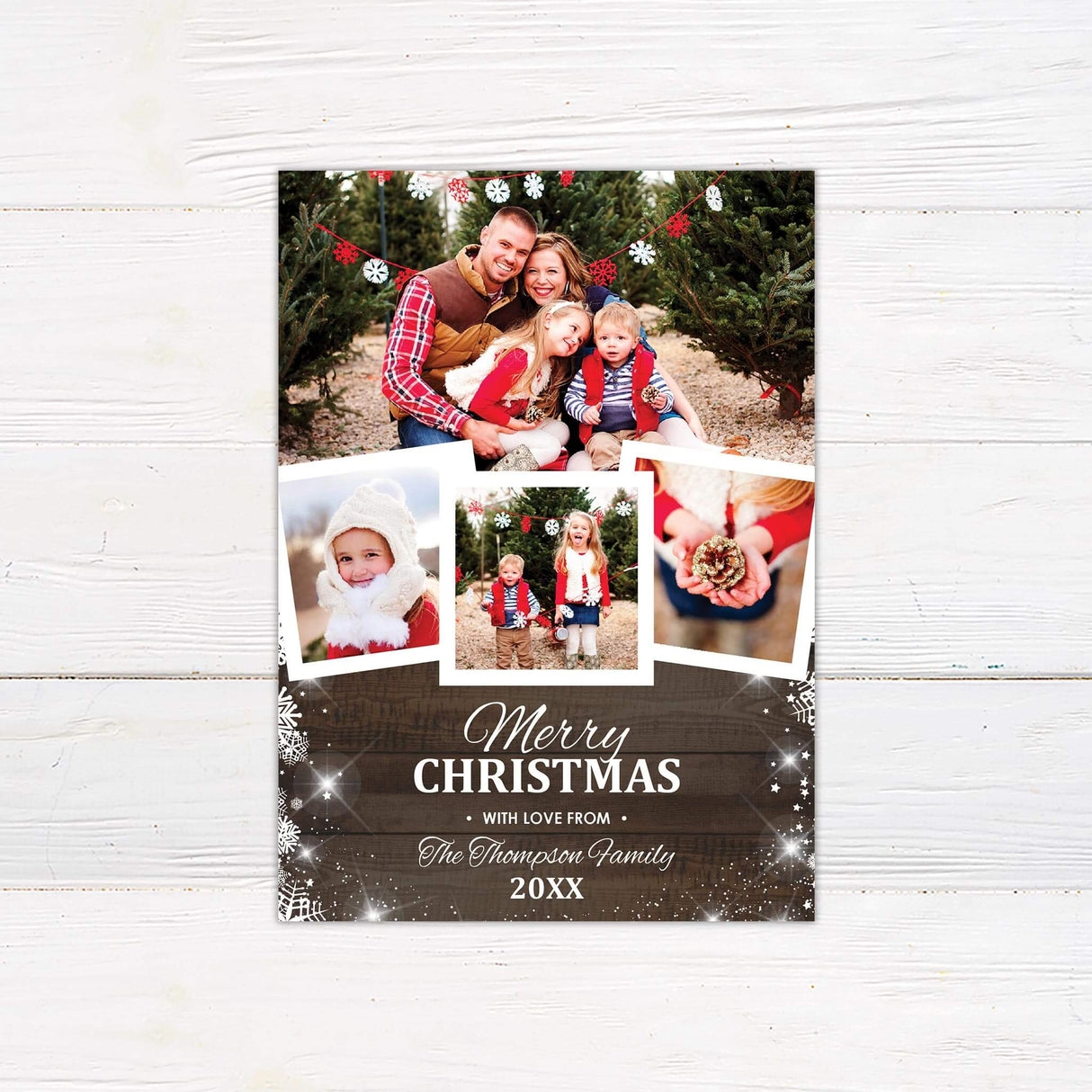 Rustic Christmas photo collage card with wooden background, snowflake accents, and multiple family photo placements with personalized holiday greeting.