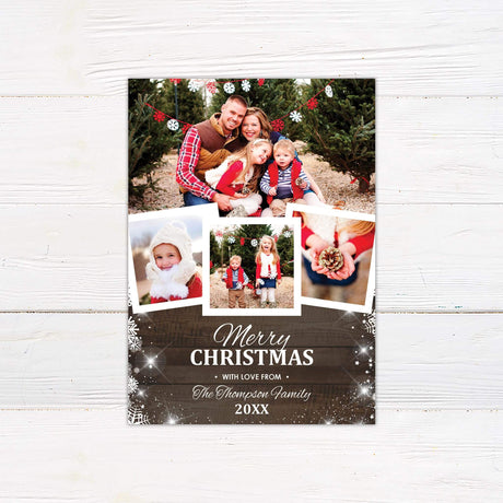 Rustic Christmas photo collage card with wooden background, snowflake accents, and multiple family photo placements with personalized holiday greeting.