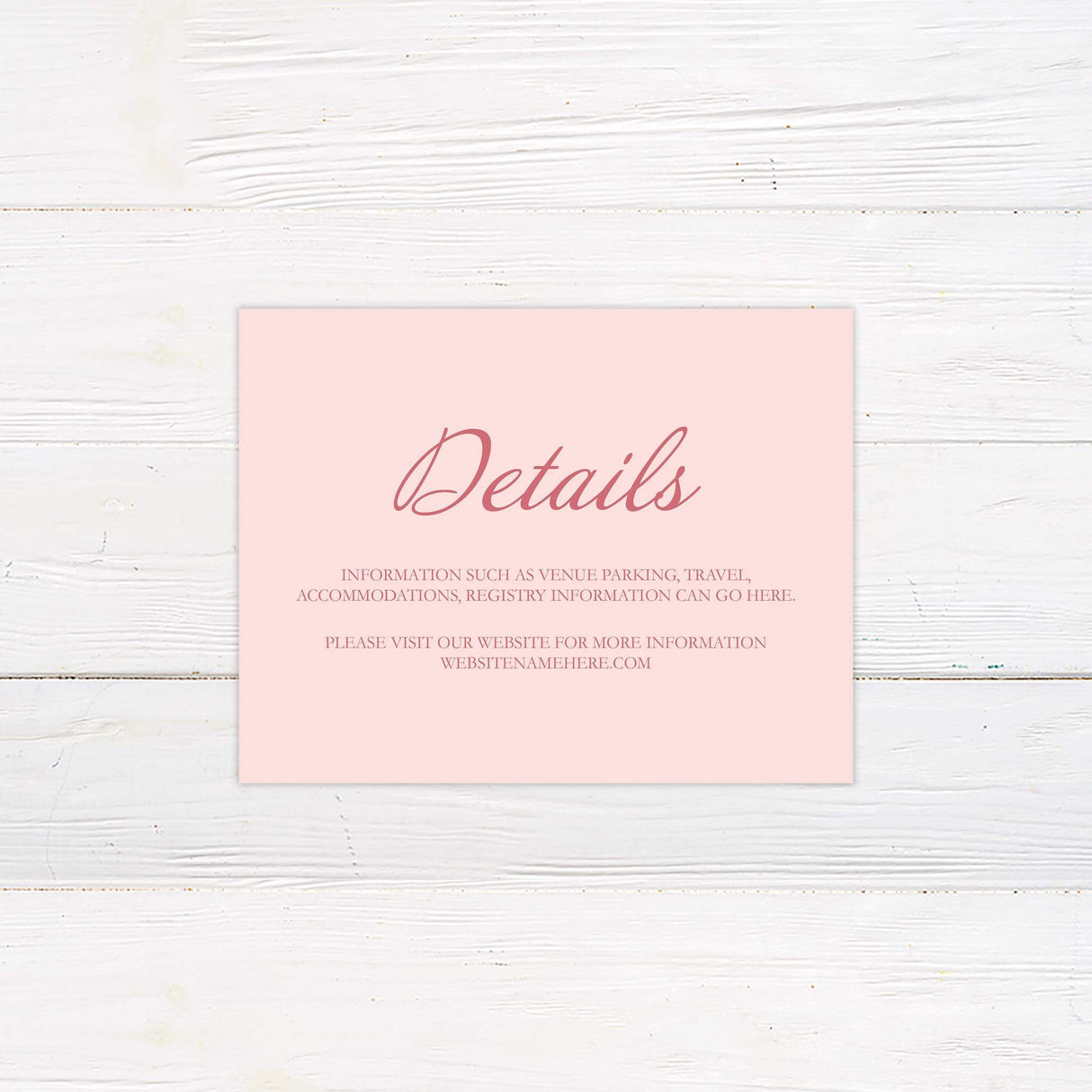 Rustic detail card in blush and peach hues for sharing key wedding info.