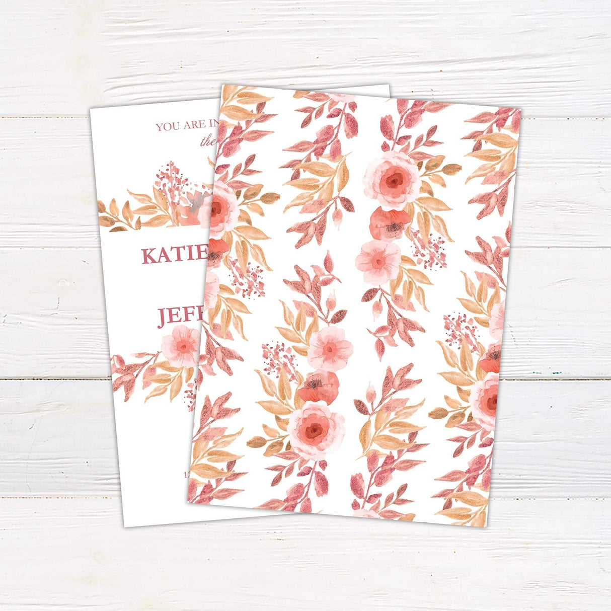 Rustic wedding invitation with watercolor blush and terracotta roses, elegant serif and script fonts, and warm autumn floral accents.- back side