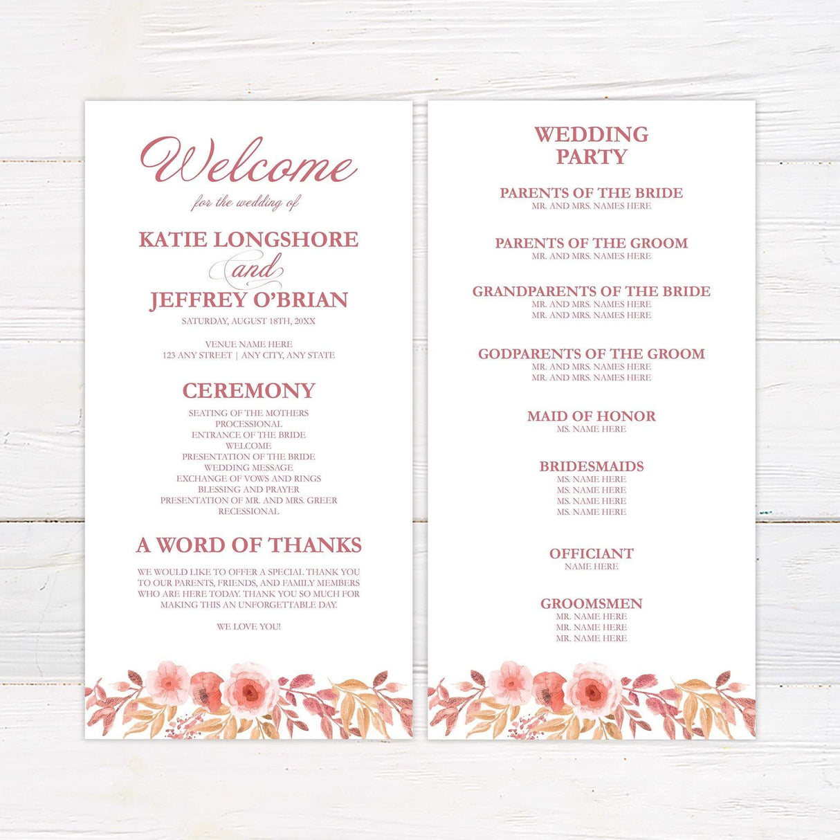 Wedding program featuring soft watercolor rose accents and script text for romantic autumn weddings.
