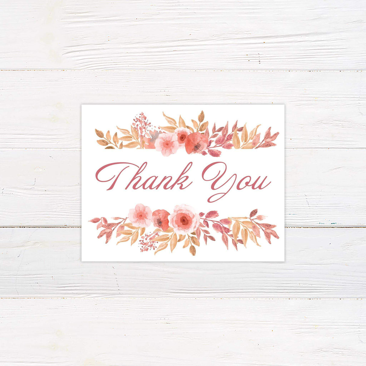 Thank you card with blush and terracotta rose design for a charming and cohesive rustic wedding set.