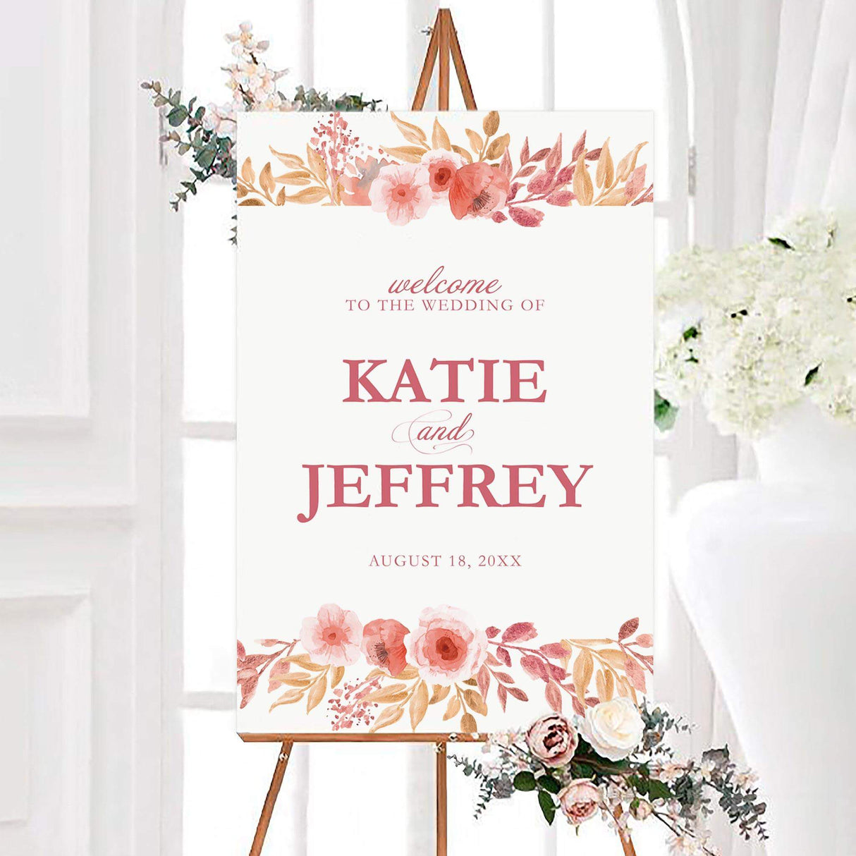 Watercolor rustic roses wedding welcome sign with coral and blush roses, golden leaves, and personalized dusty rose lettering. The design features the couple’s names and wedding date on a clean white background.