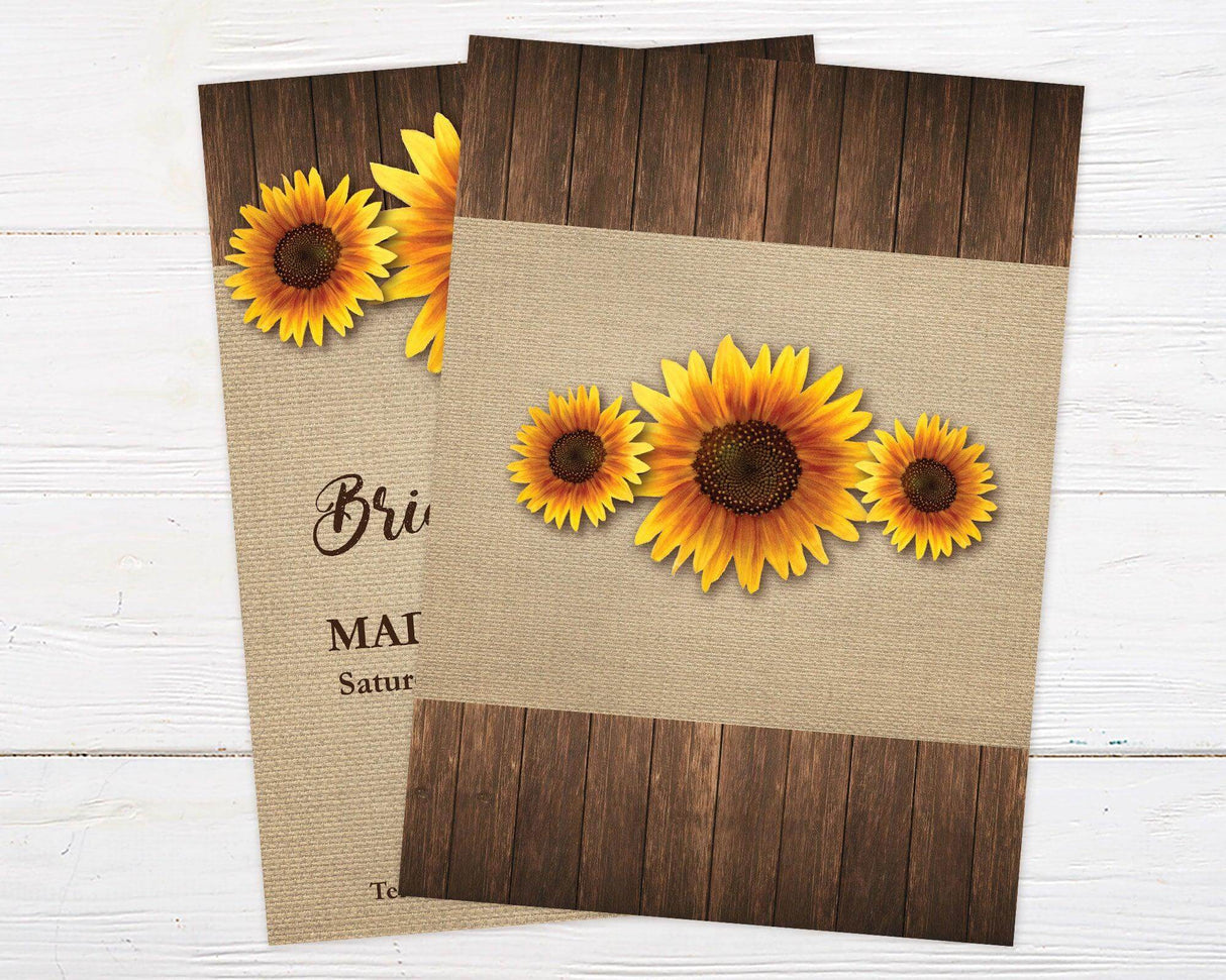 A rustic sunflower bridal shower invitation with sunflowers on a burlap background. The design features floral artwork and natural textures. - back.