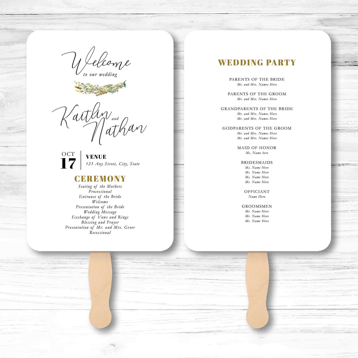 Rustic floral wedding program fan with wooden handle, featuring double-sided layout for ceremony order and wedding party details