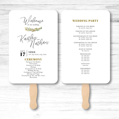 Rustic floral wedding program fan with wooden handle, featuring double-sided layout for ceremony order and wedding party details