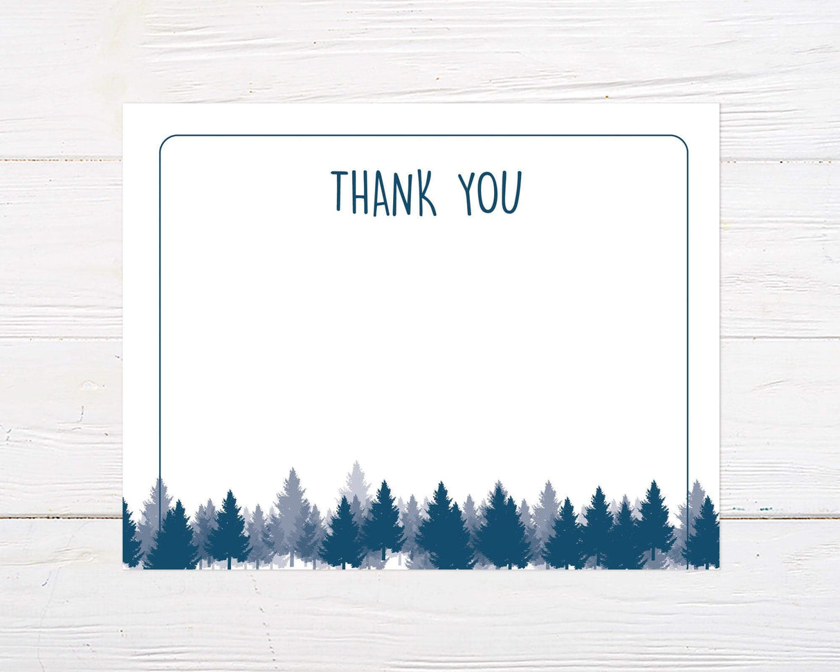 Blue pine tree thank you card design with a forest border. Minimalist camping or outdoor-themed thank you stationery with pine tree silhouettes.