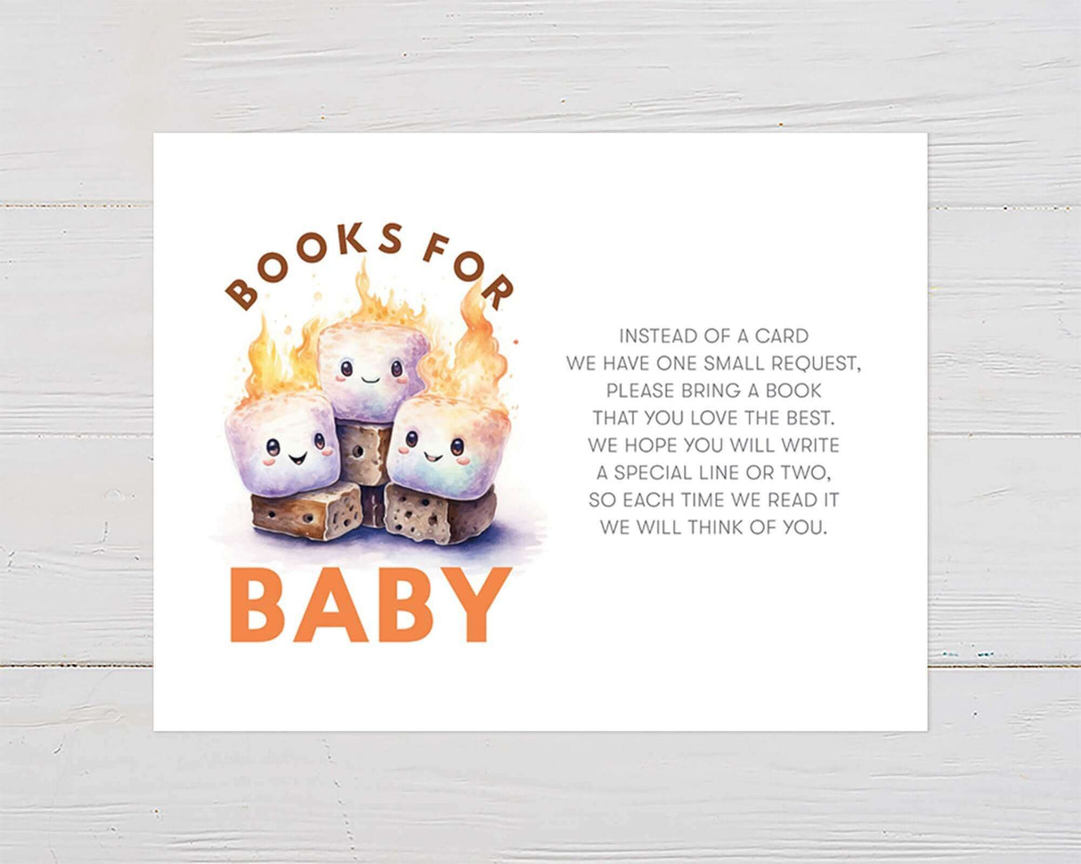Cute campfire-themed baby shower invitation with adorable watercolor marshmallows, flames, and a 'Books for Baby' message.