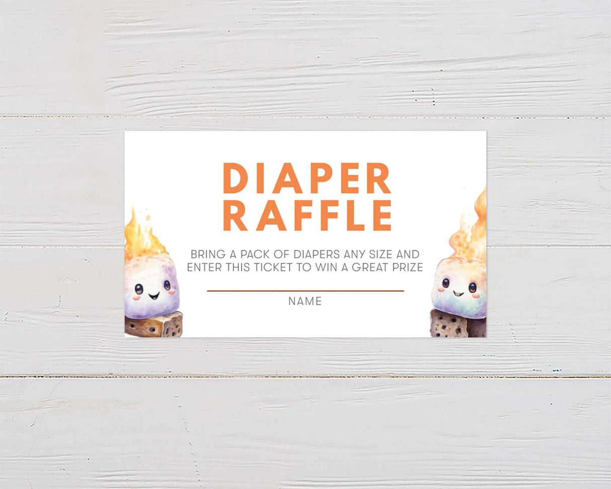 S'more themed diaper raffle ticket with cute marshmallow faces and campfire illustration, perfect for baby showers.
