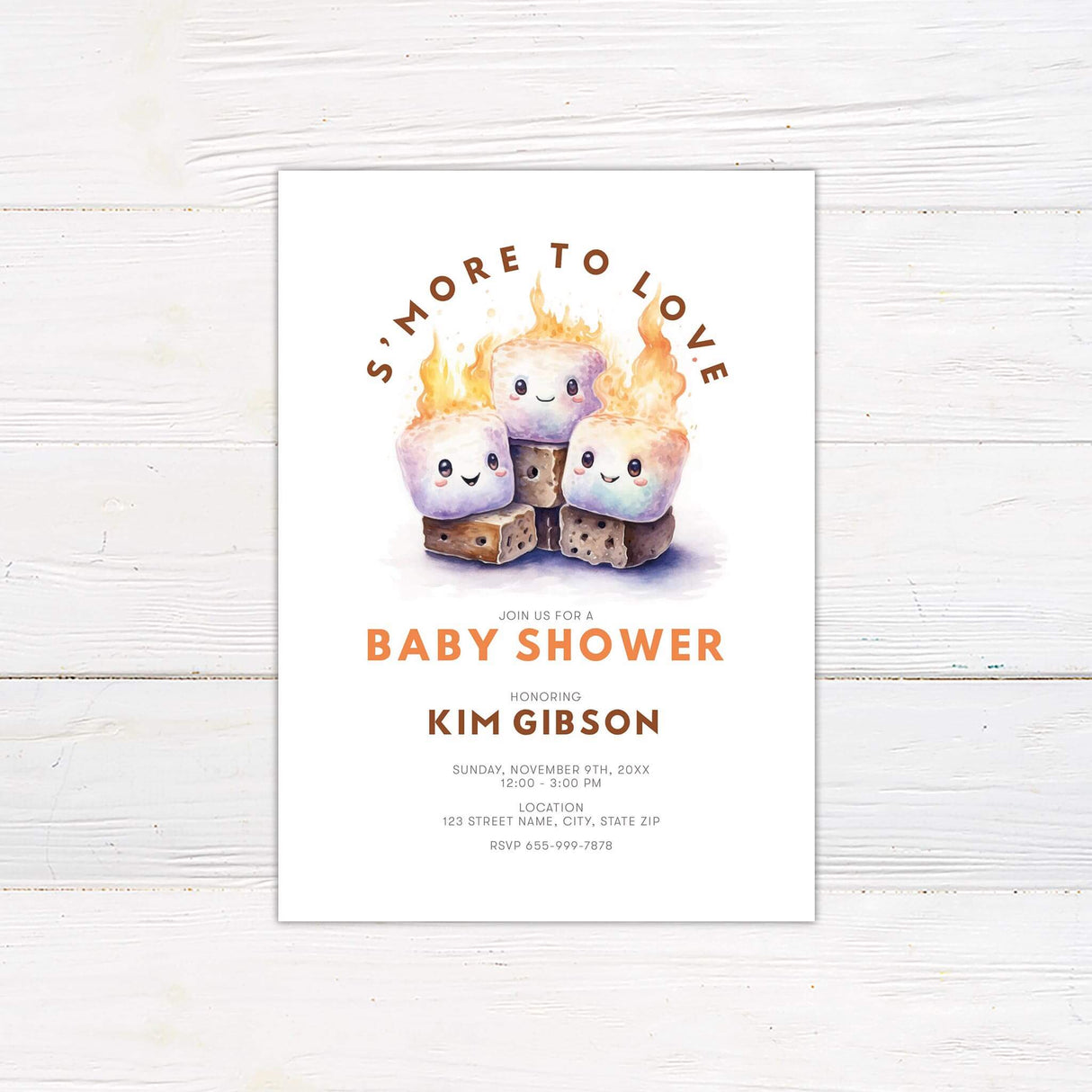 S'more to Love Baby Shower Invitation with cute marshmallow characters on graham crackers and vibrant campfire theme.